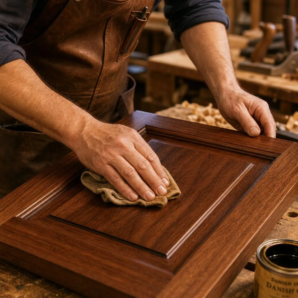 Hand-applying an oil finish to a custom wood cabinet door in our workshop