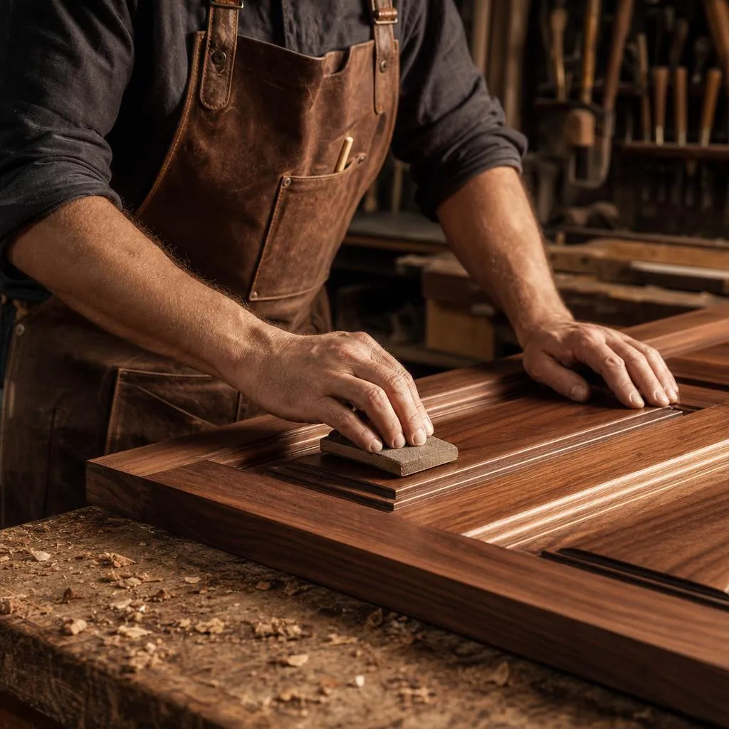 Craftsman's hands sanding a custom wood door