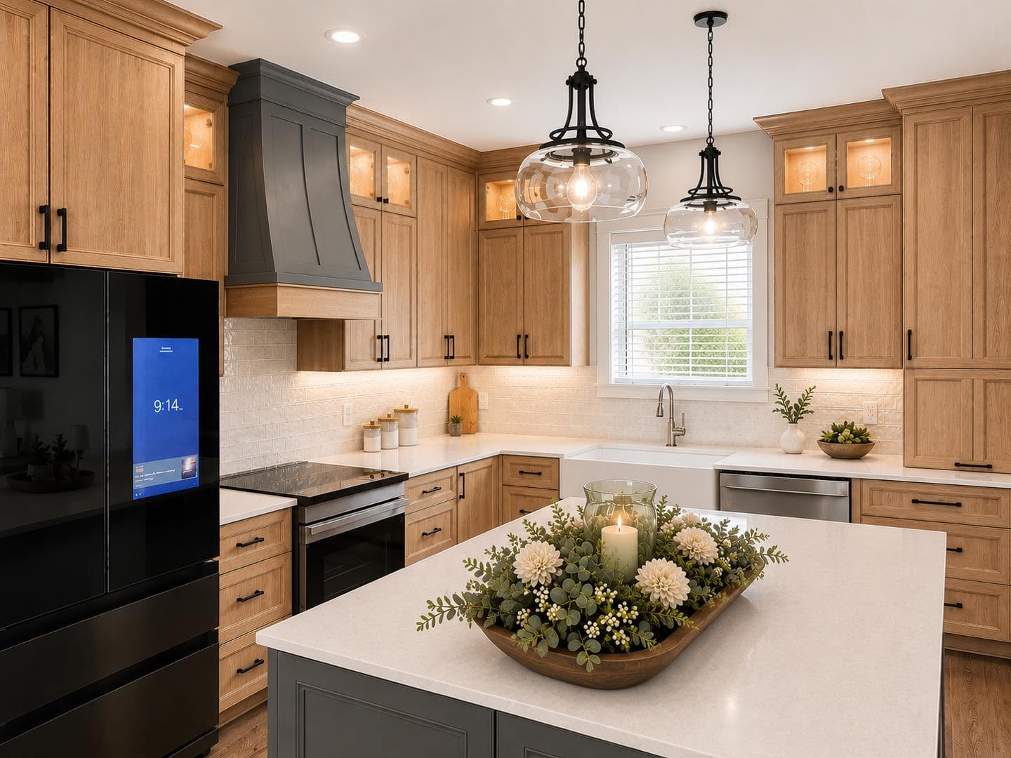 Custom oak kitchen cabinetry with island and pendant lighting