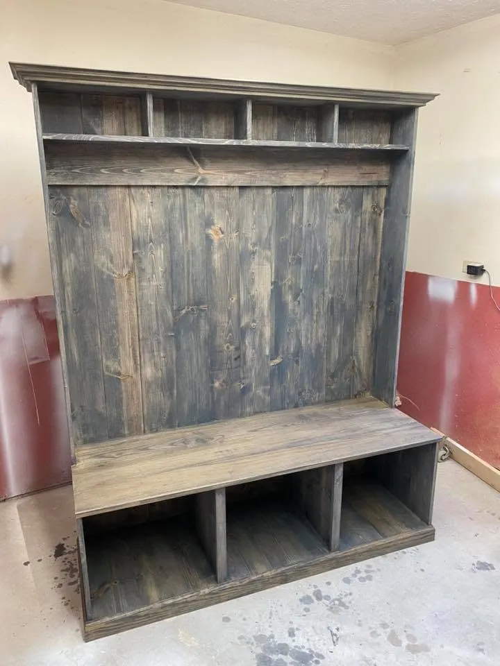 Weathered gray mudroom hall tree with bench and cubby storage, installed