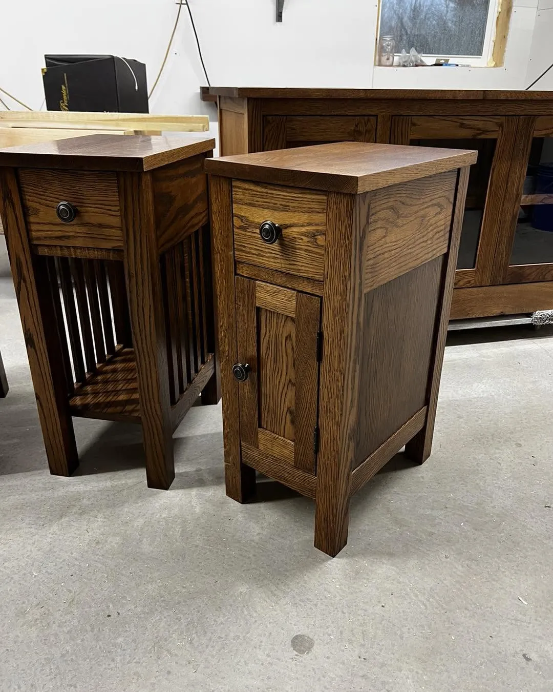 Pair of oak mission-style nightstands with drawer and cabinet storage